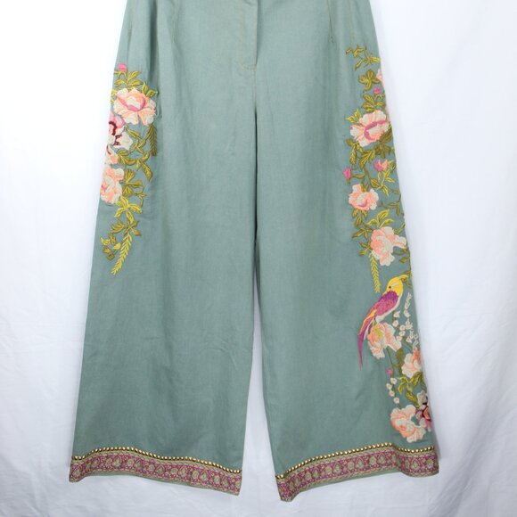 ARATTA SILENT JOURNEY GREEN WOMEN'S DENIM PANTS EMBROIDERED STUDDED FLORAL BOHO - Picture 2 of 10